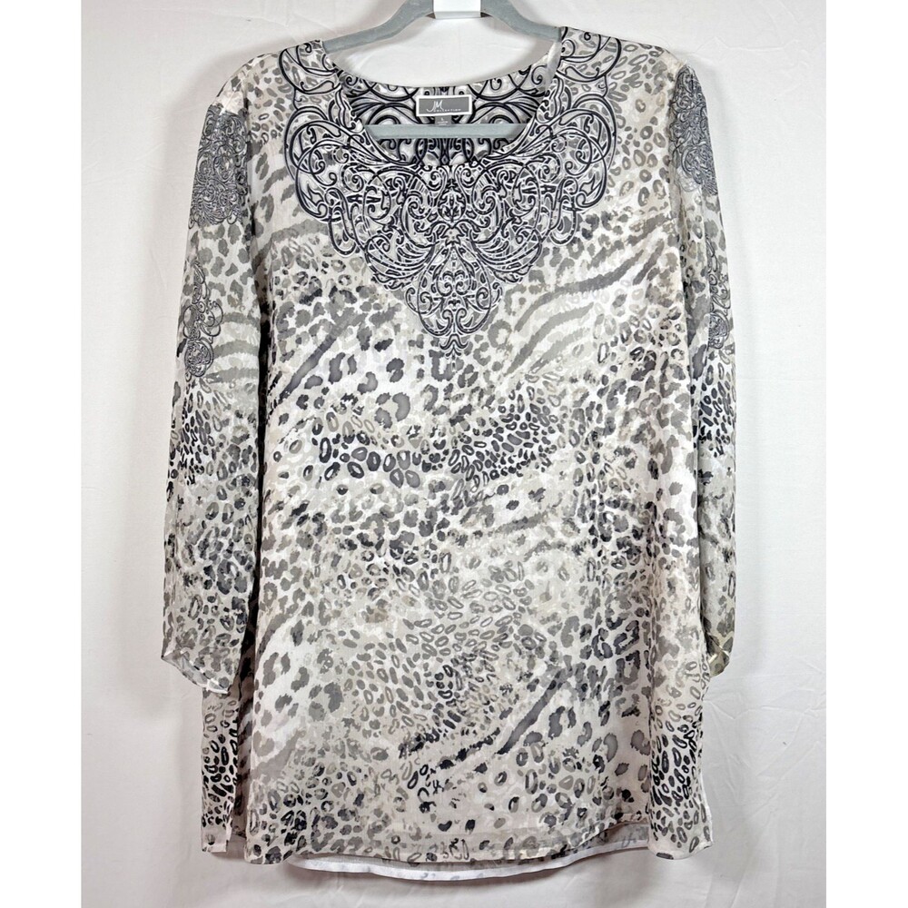 JM Collection Women L Animal Leopard Paisley 3/4 Sleeve Tunic Flowy Boho